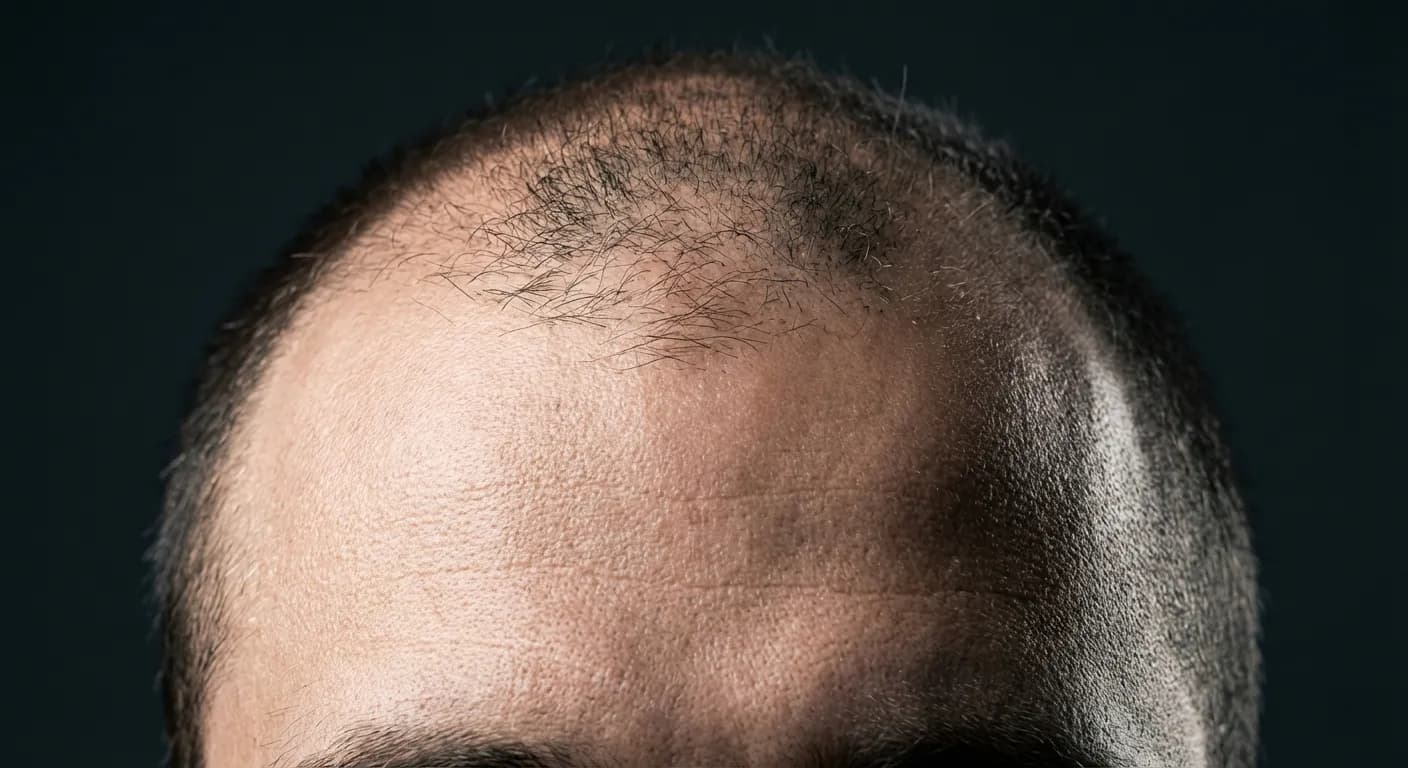 Calvitie 20 ans photo : identifier les premiers signes Détail macro d'une ligne de cheveux sur fond sombre montrant les premiers signes de calvitie.