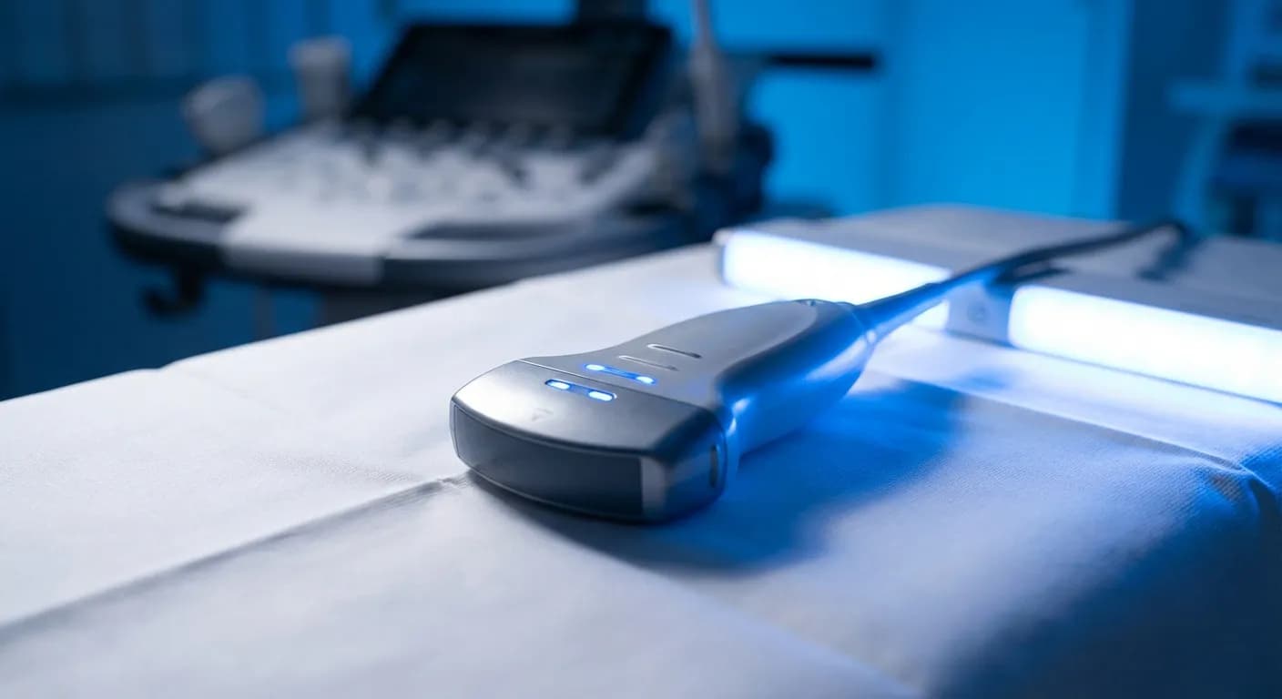 Trophoblaste diffus : causes, diagnostic et conséquences Gros plan d'une sonde d'échographie haute technologie sur fond minimaliste.