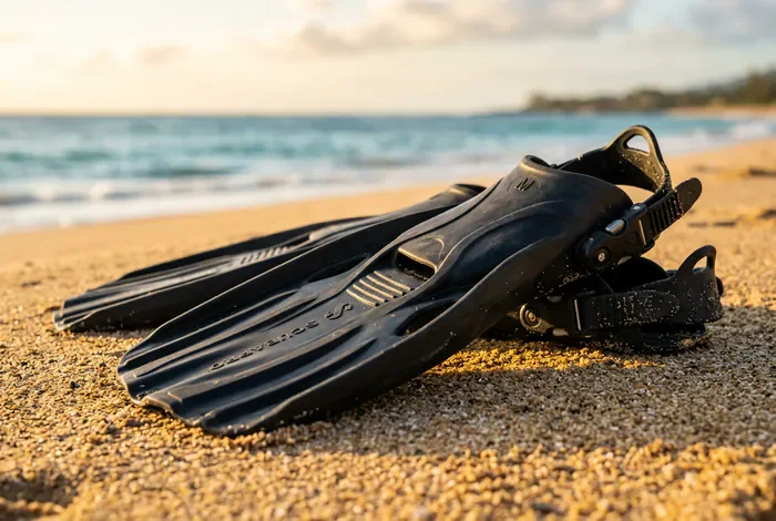 Nager avec des palmes avant après les effets sur votre corps Gros plan sur des palmes de natation posées sur le sable au coucher du soleil.
